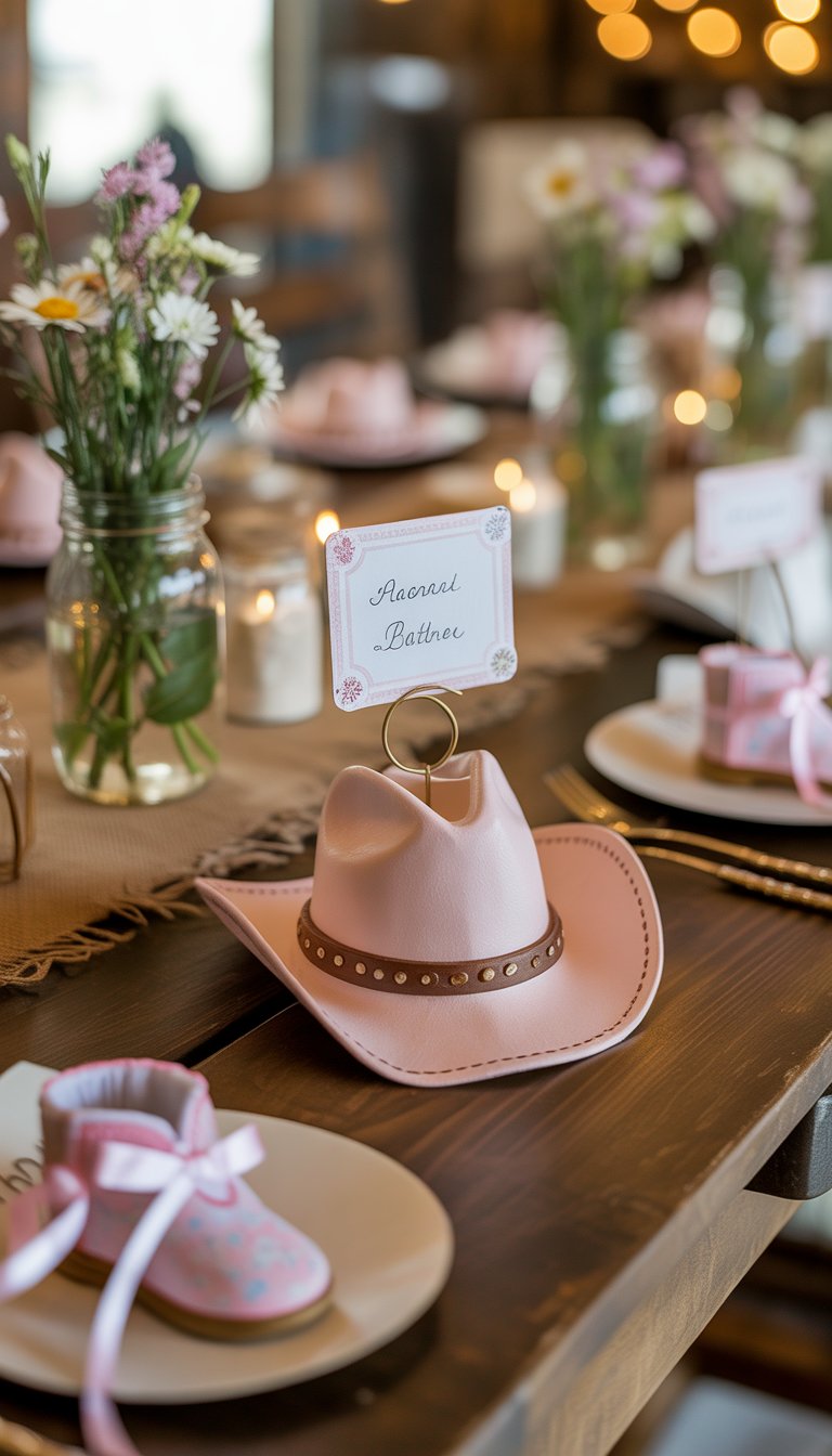 A baby shower table with cowgirl hat place card holders, flowers, and baby shower decorations.